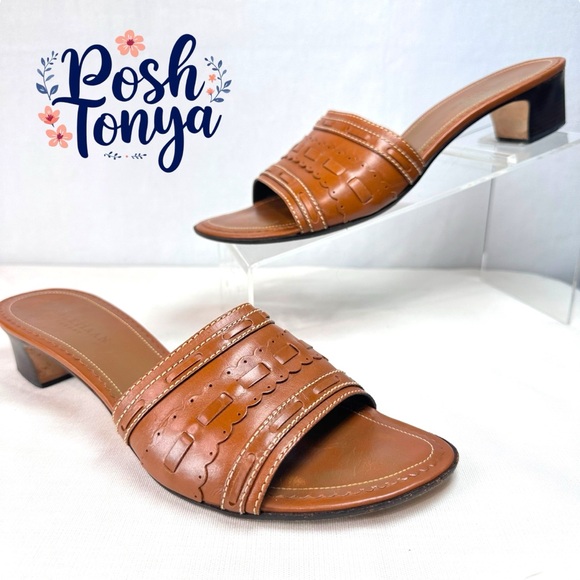 Cole Haan Leather Slide Sandals Brown Cutout Slip-On Low Block Heel Chic, 8.5AA - Picture 1 of 14